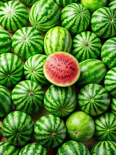 Freshly cut watermelon surrounded by smaller whole melons.