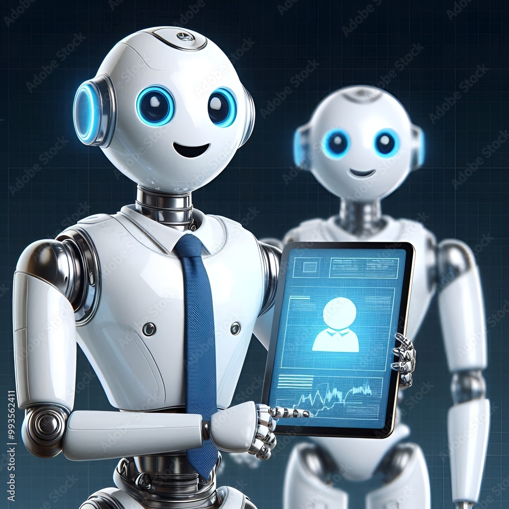 Naklejka premium Two robots standing side by side, each holding a tablet computer, showcasing a collaborative technological interaction.