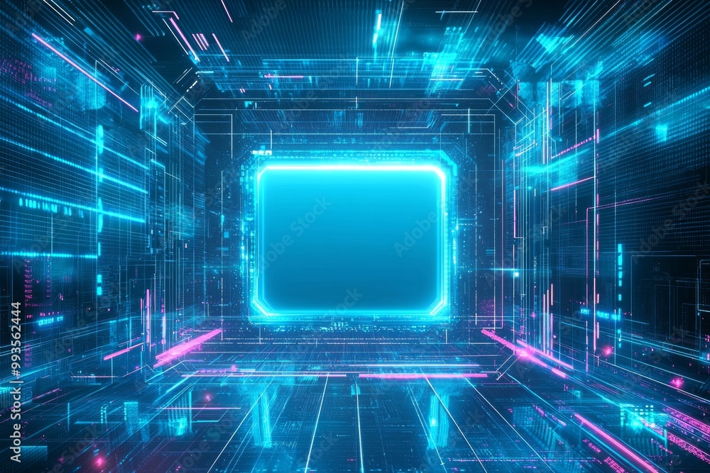 A pixelated digital background with a glowing neon blue frame, its blank center standing out as a digital focal point. A pixelated digital background with a glowing neon blue frame, its blank center standing out as a digital focal point.