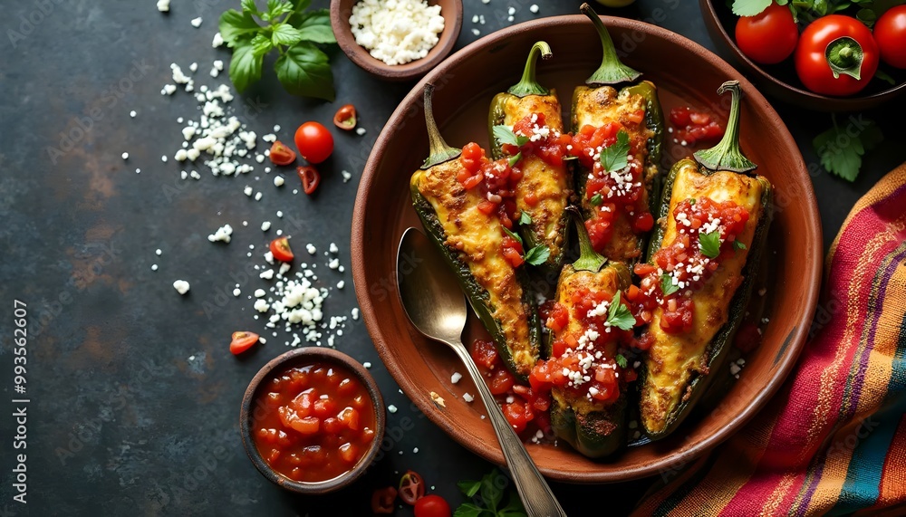 Mexican Chiles Rellenos Stuffed with Cheese and Topped with Salsa (Mexican Cuisine) Mexican Chiles Rellenos Stuffed with Cheese and Topped with Salsa (Mexican Cuisine)