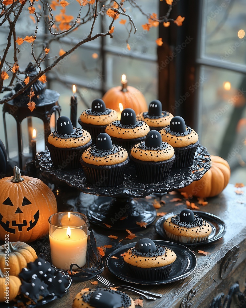 Spooky Halloween Cupcakes on a Festive Display Spooky Halloween Cupcakes on a Festive Display
