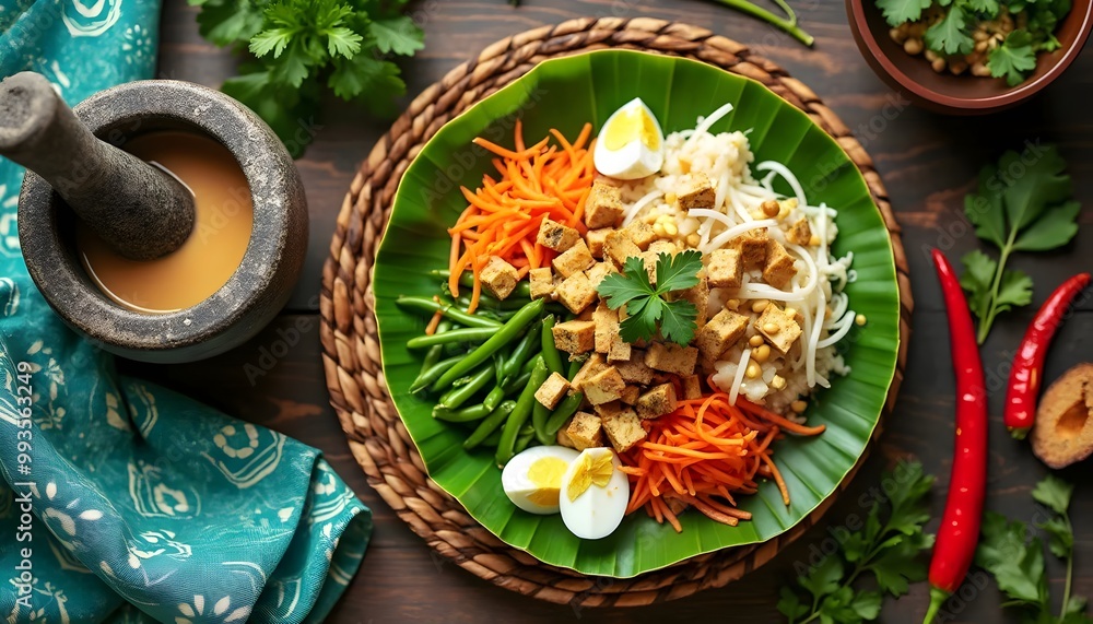 Gado-Gado Salad with Peanut Sauce, Tempeh, and Boiled Eggs, Served on a Banana Leaf (Indonesian Cuisine) Gado-Gado Salad with Peanut Sauce, Tempeh, and Boiled Eggs, Served on a Banana Leaf (Indonesian Cuisine)