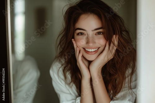 A beautiful woman touching her face in front of the mirror.