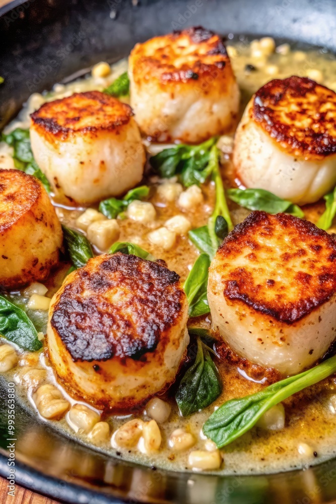 Seared scallops served with greens and sauce on a plate.