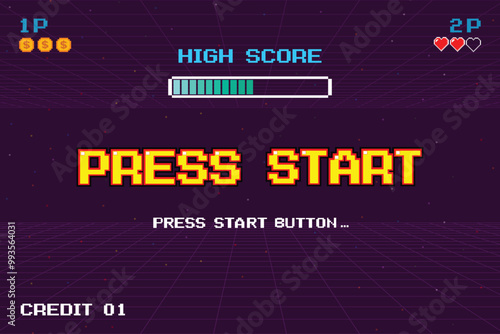 PRESS START. press start button. pixel art .8 bit game. retro game. for game assets .Retro Futurism Sci-Fi Background. glowing neon grid. and stars from vintage arcade computer games