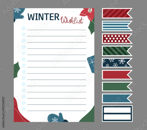 Winter wishlist and stickers with cute wintry pattern. Vector template for agenda, planner, checklist, book, note, memo, card and other personal organizer. Layout in A4, A5, A6.
