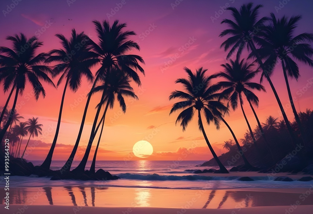 Silhouettes of palm trees against a colorful sunset sky with vibrant orange, pink, and blue hues Silhouettes of palm trees against a colorful sunset sky with vibrant orange, pink, and blue hues