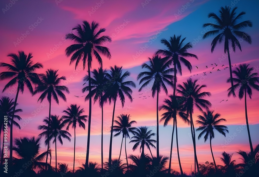 Silhouettes of palm trees against a colorful sunset sky with vibrant orange, pink, and blue hues Silhouettes of palm trees against a colorful sunset sky with vibrant orange, pink, and blue hues