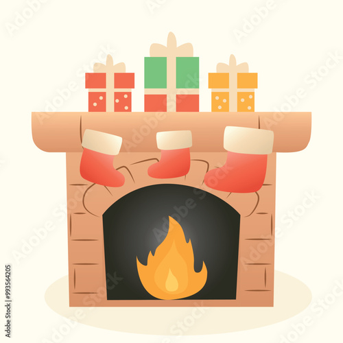 A cozy Christmas icon with a fireplace on which stockings hang for gifts, and on the top shelf there are gifts. Ideal for holiday designs, greeting cards and seasonal branding.