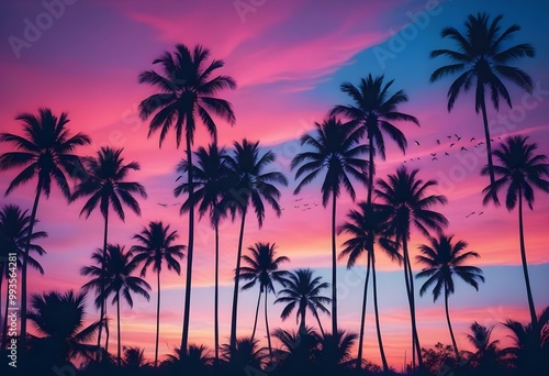 Silhouettes of palm trees against a colorful sunset sky with vibrant orange, pink, and blue hues