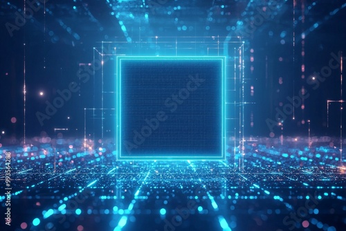 A pixelated digital background with a glowing neon blue frame, its blank center standing out as a digital focal point.