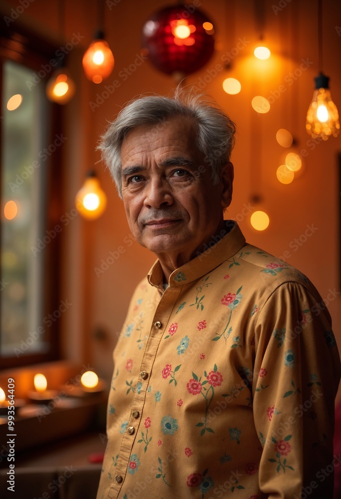 Fototapeta premium Diwali Celebration with Elderly Indian Man in Traditional Attire at Home