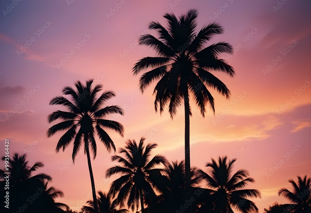Silhouettes of palm trees against a colorful sunset sky with vibrant orange, pink, and blue hues Silhouettes of palm trees against a colorful sunset sky with vibrant orange, pink, and blue hues