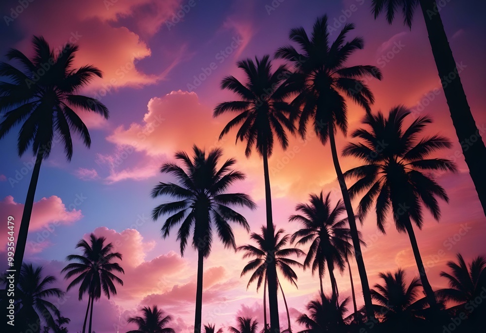 Silhouettes of palm trees against a colorful sunset sky with vibrant orange, pink, and blue hues Silhouettes of palm trees against a colorful sunset sky with vibrant orange, pink, and blue hues