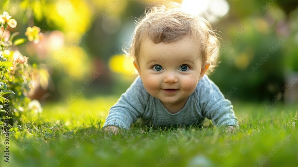 Baby's First Adventure: Curious Infant Crawling on Green Grass Discovering Nature Exploration Baby's First Adventure: Curious Infant Crawling on Green Grass Discovering Nature Exploration
