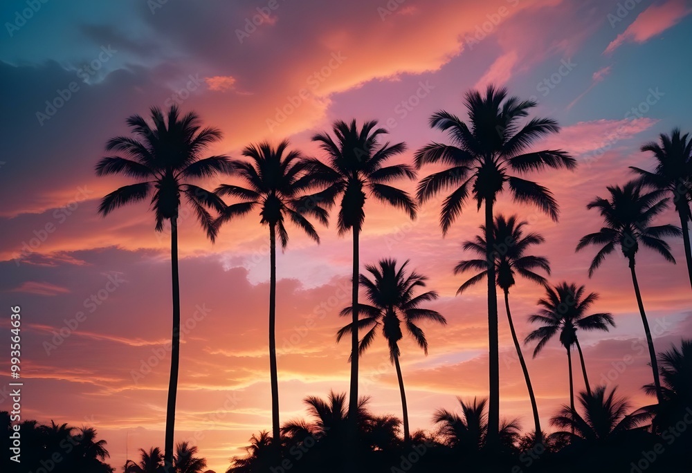 Silhouettes of palm trees against a colorful sunset sky with vibrant orange, pink, and blue hues Silhouettes of palm trees against a colorful sunset sky with vibrant orange, pink, and blue hues