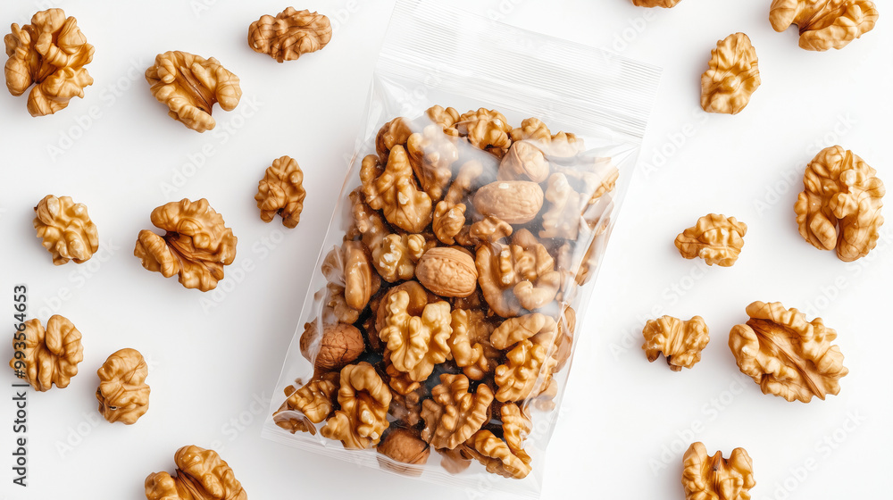 Standup Pouch Filled with Walnuts, Displayed on a White Background. Standup Pouch Filled with Walnuts, Displayed on a White Background.