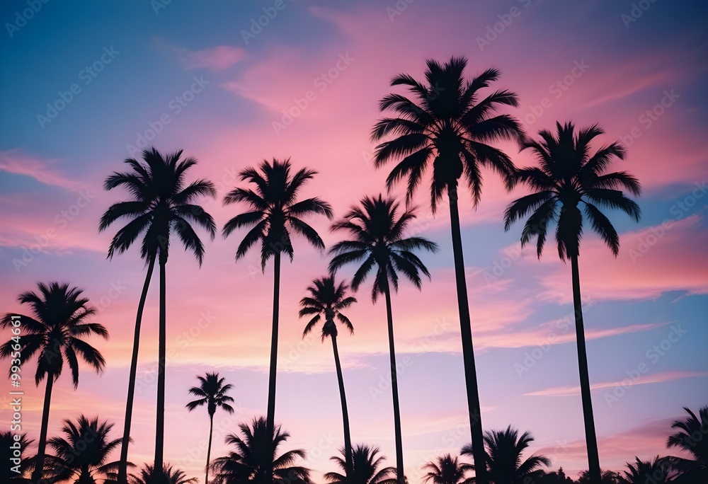 Silhouettes of palm trees against a colorful sunset sky with vibrant orange, pink, and blue hues Silhouettes of palm trees against a colorful sunset sky with vibrant orange, pink, and blue hues
