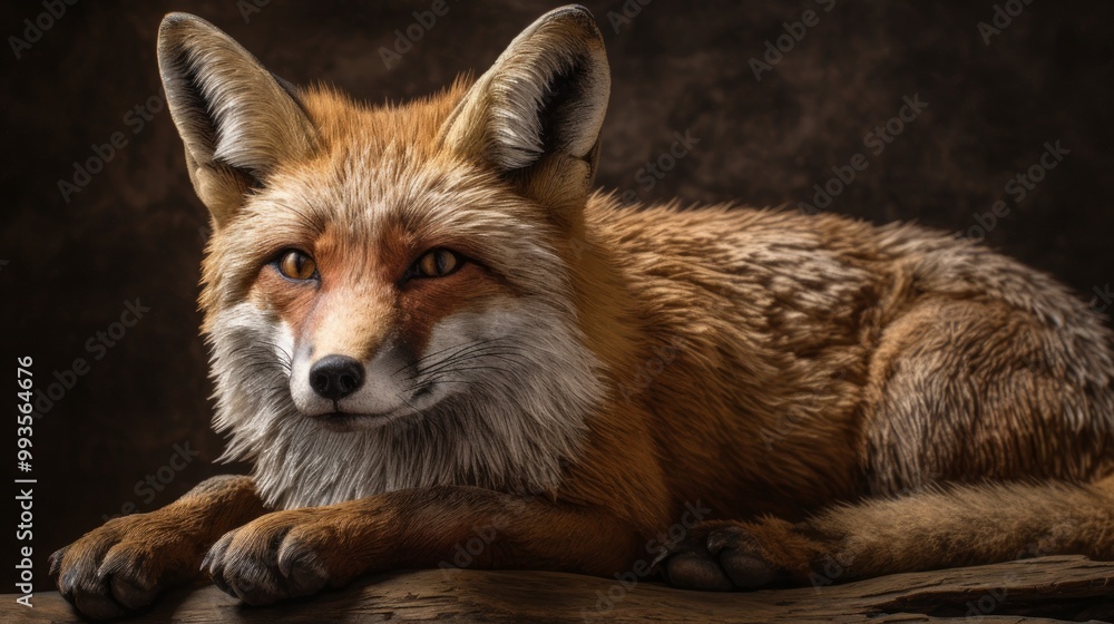 Fototapeta premium A close-up portrait of a fox resting on a log.