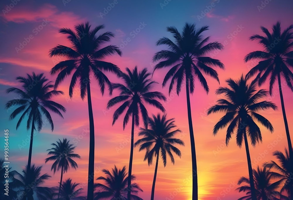 Silhouettes of palm trees against a colorful sunset sky with vibrant orange, pink, and blue hues Silhouettes of palm trees against a colorful sunset sky with vibrant orange, pink, and blue hues