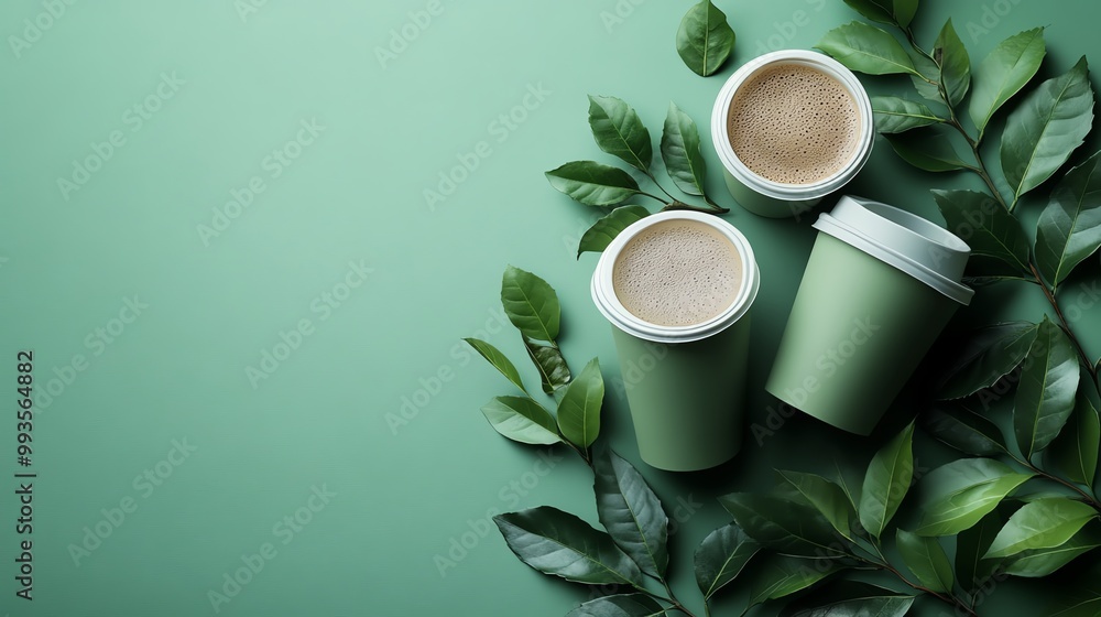 Three eco-friendly coffee cups on a green leaf backdrop. Three eco-friendly coffee cups on a green leaf backdrop.