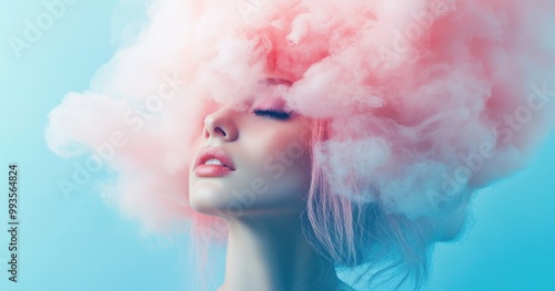 A beautiful woman with pink hair of clouds.