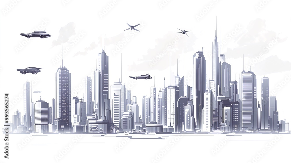 Fototapeta premium A futuristic city skyline with flying cars and skyscrapers.