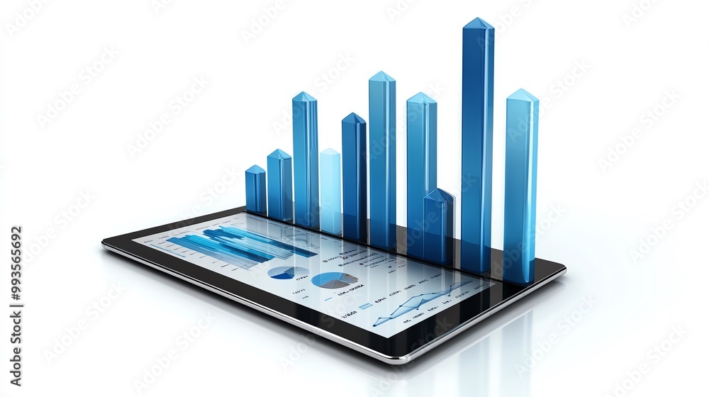 Digital tablet displaying financial growth chart, business team collaborating, realistic render, isolated on white background Digital tablet displaying financial growth chart, business team collaborating, realistic render, isolated on white background