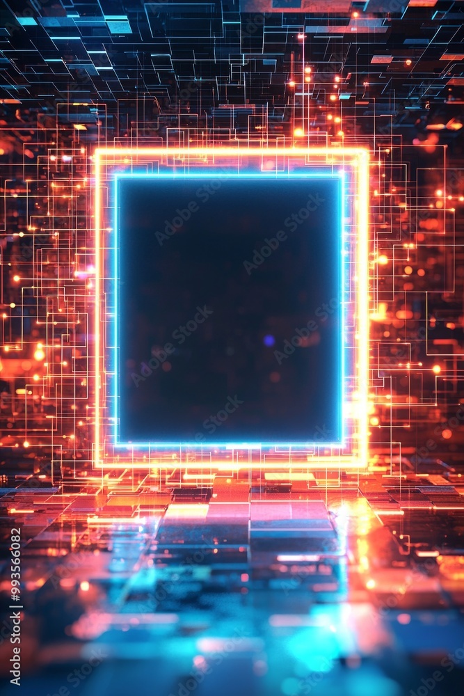 A pixelated digital background with a glowing neon blue frame, its blank center standing out as a digital focal point. A pixelated digital background with a glowing neon blue frame, its blank center standing out as a digital focal point.