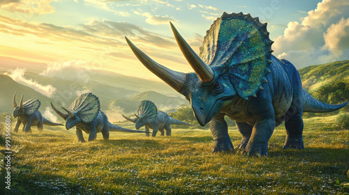 A herd of triceratops grazing in an open grassy field, gentle morning light casting long shadows, dew drops on their horns and frilled necks photo