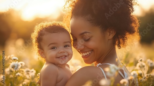 Mother gently cradling her smiling infant in her arms photo