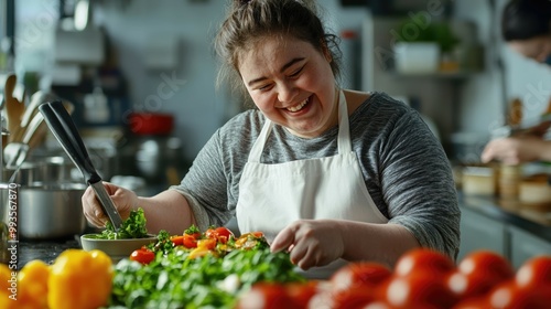 Joyful Person with Down Syndrome Cooking in a Culinary Class with Enthusiasm and Skill