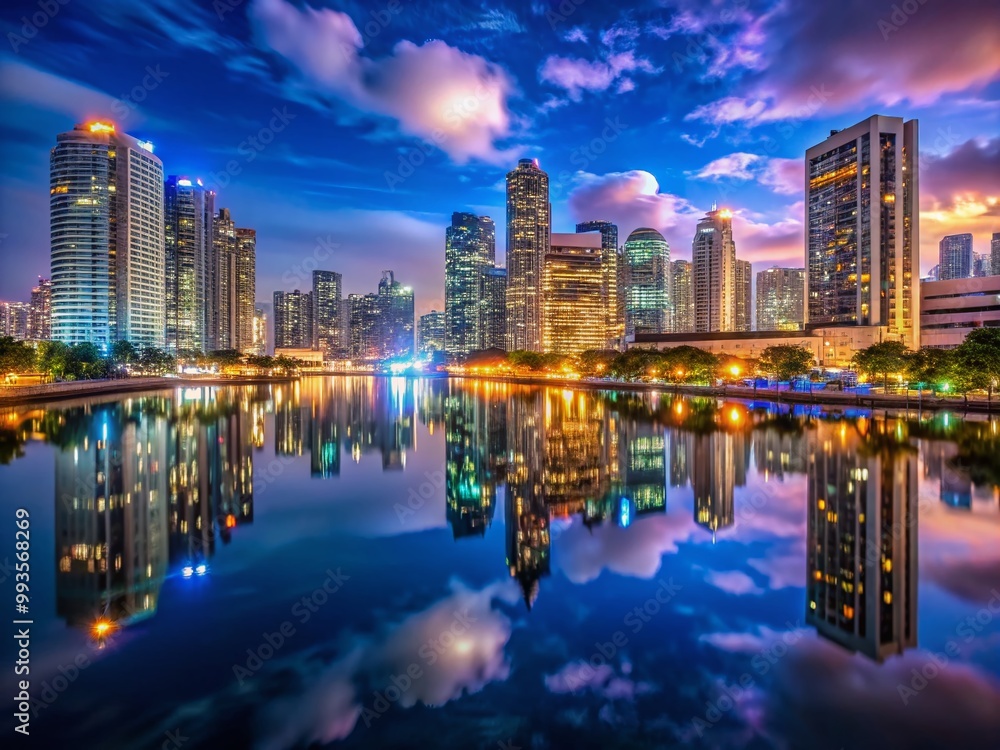 Fototapeta premium Stunning Manila Skyline at Night with Illuminated Buildings and Reflections on Water Surface