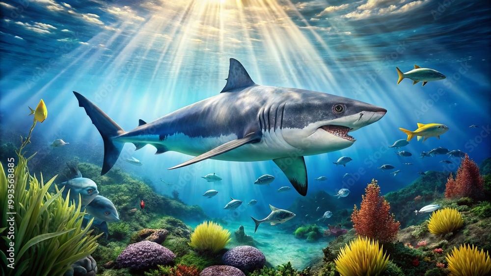 Fototapeta premium Stunning Megalodon Color Illustration Depicting the Ancient Shark in Vibrant Oceanic Environment