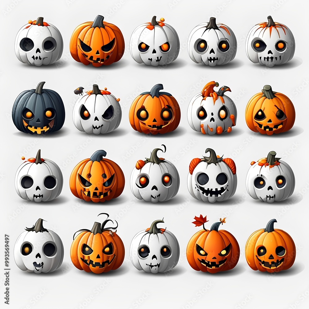 Obraz premium The pumpkins vary in color from orange to white and feature a variety of spooky expressions
