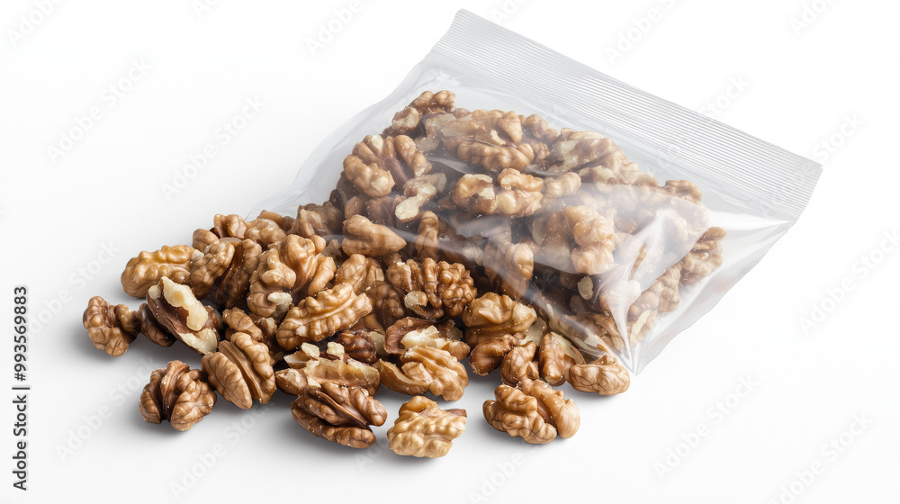 Fototapeta premium Transparent Pouch of Walnuts from Top Angle View on White Background.