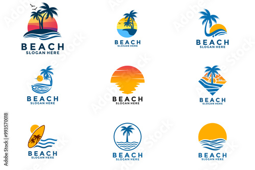 Set of Summer Beach Logo Design vector, Collection of Beach logo design template