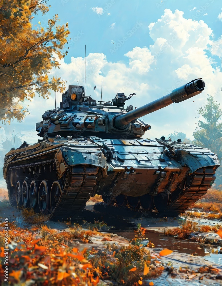 A large military tank is seen moving through a bright autumn landscape, with yellow and orange leaves surrounding the scene. The image captures the contrast between nature and machinery.. AI A large military tank is seen moving through a bright autumn landscape, with yellow and orange leaves surrounding the scene. The image captures the contrast between nature and machinery.. AI