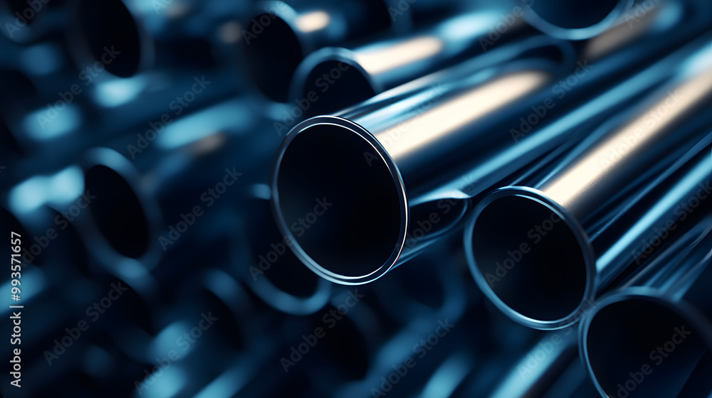 Stacked silver steel pipes, sleek & reflective in focused shot. Stacked silver steel pipes, sleek & reflective in focused shot.