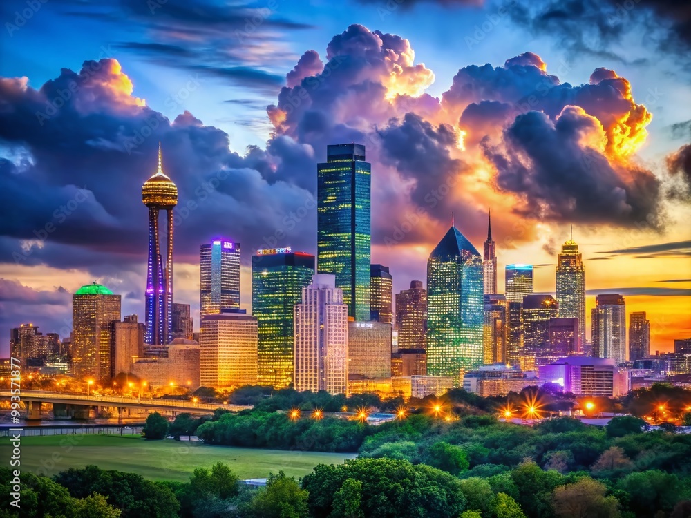 Fototapeta premium Stunning Night View of the Dallas Skyline with Bright City Lights and Dramatic Cloudy Sky Background