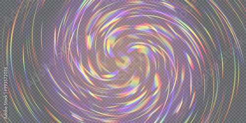 Rainbow prism flare spinning portal on transparent bg. Dispersion and refraction of sunlight in psychedelic swirl background. Hologram blurred spectrum gradient pattern. Abstract vector illustration