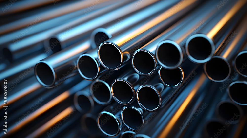 Stacked silver steel pipes, sleek & reflective in focused shot. Stacked silver steel pipes, sleek & reflective in focused shot.