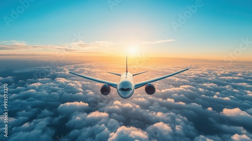 A sleek commercial airplane soaring through a clear blue sky, with the sun setting on the horizon