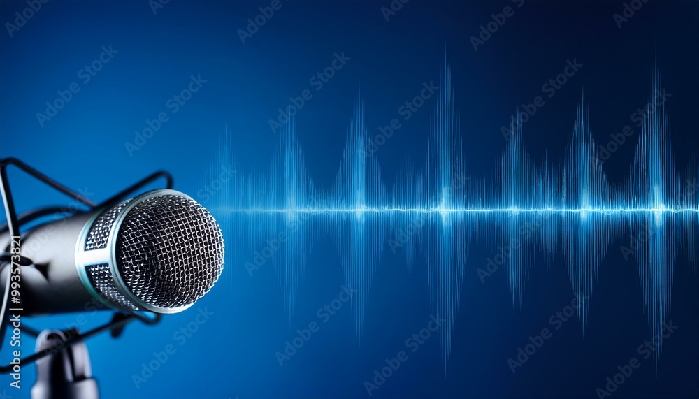 © Rindi - microphone with waveform on blue background, podcast banner concept © Rindi - microphone with waveform on blue background, podcast banner concept