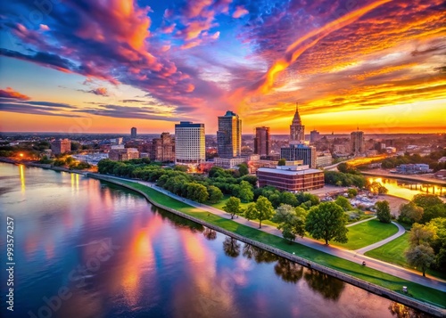 Stunning Peoria Illinois Skyline with Riverfront and Cityscape at Dusk under a Colorful Sky photo