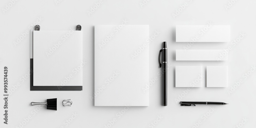 An overhead view of modern stationery neatly arranged in a minimalist flat lay, featuring a black pen, notepad, and clips. An overhead view of modern stationery neatly arranged in a minimalist flat lay, featuring a black pen, notepad, and clips.