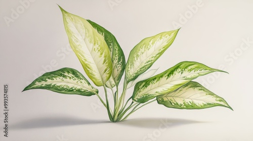 Delicate Dieffenbachia leaves delicately rendered in a pastel watercolor on a stark, white surface photo