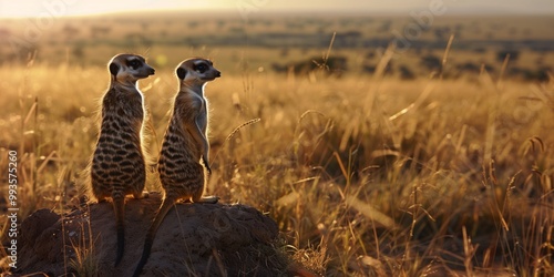 Two meerkats standing on a mound observing their surroundings during sunset in a golden grassland