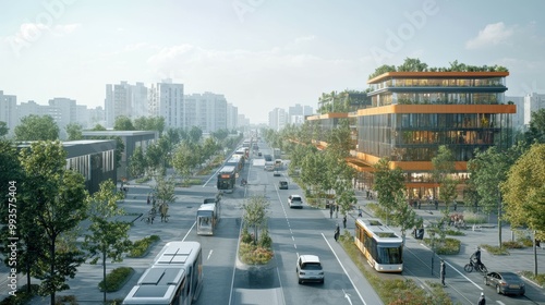 Expansive overview of a sustainable urban mobility hub, with multimodal transportation options, electric charging infrastructure, and intelligent traffic management