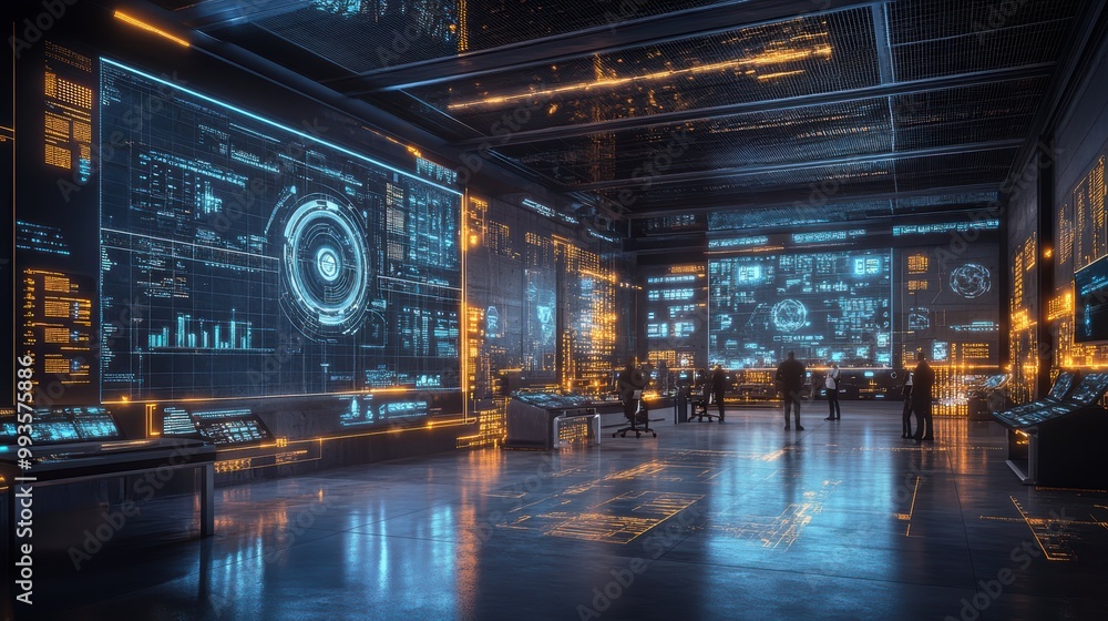 Detailed interior of a next-generation logistics operations center featuring advanced forecasting models, a digital twin simulation, and a collaborative decision-making war room Detailed interior of a next-generation logistics operations center featuring advanced forecasting models, a digital twin simulation, and a collaborative decision-making war room